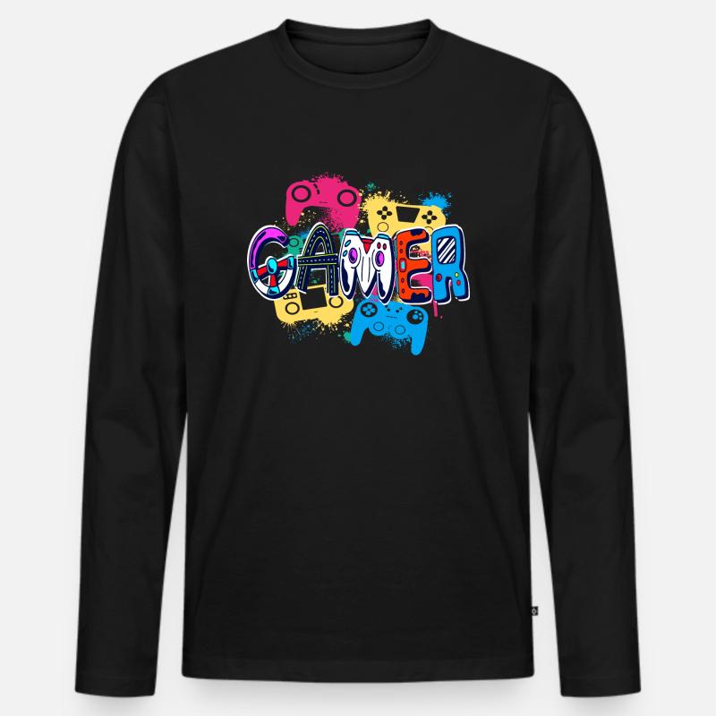 Bunter Gamer Controller Kunststil Poster - Männer Premium Bio Langarmshirt - Schwarz