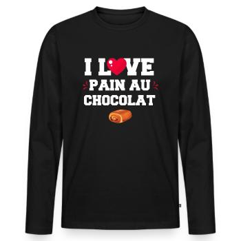 I Love pain au chocolat. cadeau humour - T-shirt manches longues Premium bio Homme - noir - Devant - Nico (187cm)