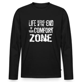 life begins at the end of your comfort zone - Men's Premium Organic Long Sleeve Shirt - black - Front - Nico (187cm)