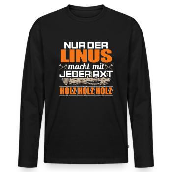LINUS - Holz - Männer Premium Bio Langarmshirt - Schwarz - Vorne - Nico (187cm)