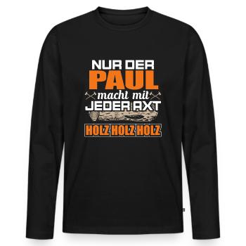 PAUL - Holz - Männer Premium Bio Langarmshirt - Schwarz - Vorne - Nico (187cm)