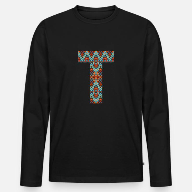 Buchstabe T-Boho-Design, buntes Monogramm - Männer Premium Bio Langarmshirt - Schwarz