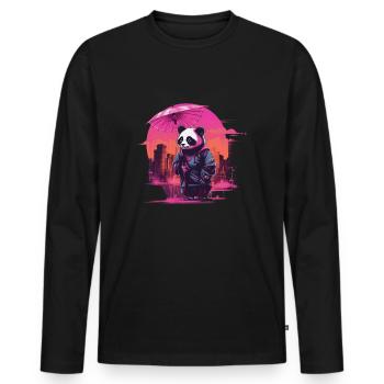 Synthwave Cute Asian Panda with umbrella - Männer Premium Bio Langarmshirt - Schwarz - Vorne - Nico (187cm)
