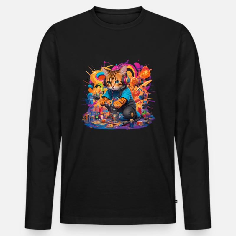 farbiger Katzen DJ - Männer Premium Bio Langarmshirt - Schwarz