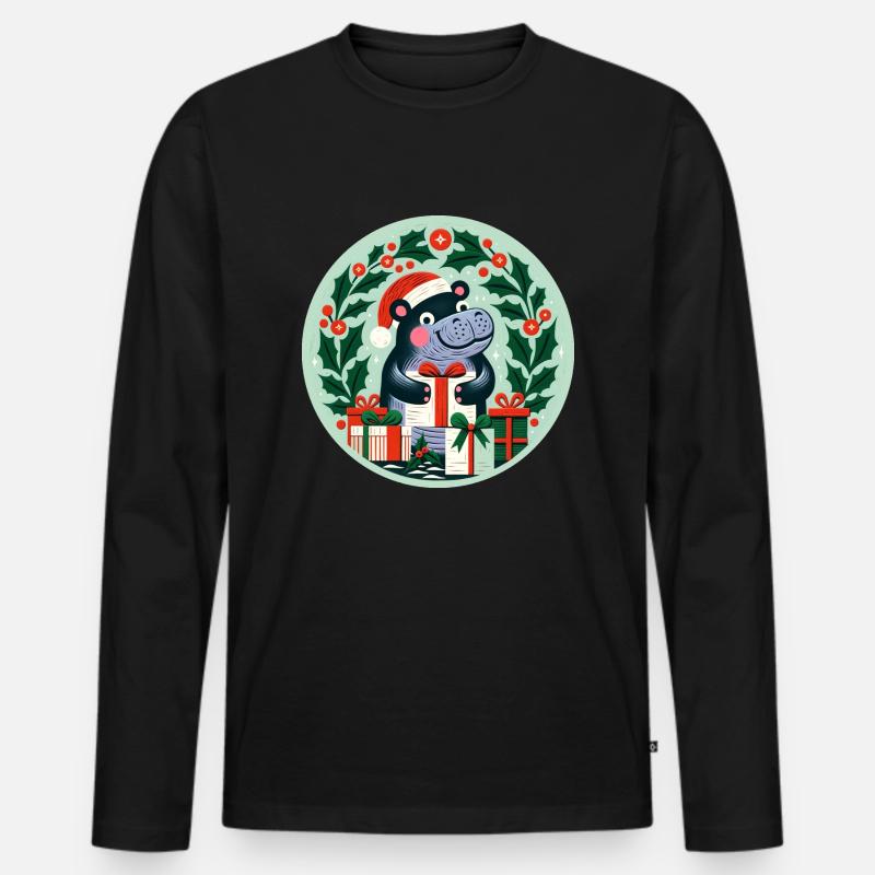 Weihnachts-Nilpferd - Männer Premium Bio Langarmshirt - Schwarz