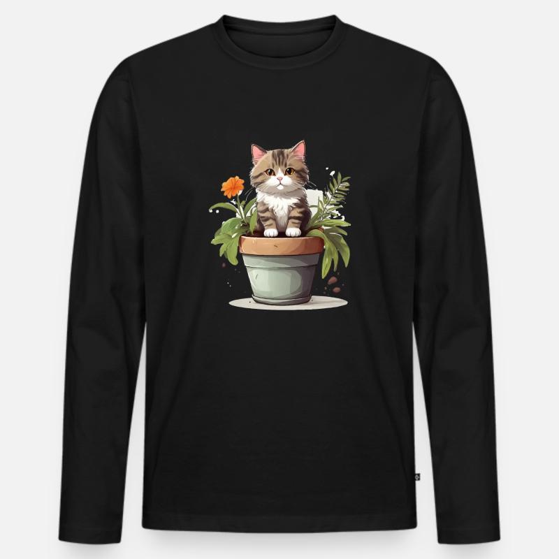 Süße Katze Blume - Männer Premium Bio Langarmshirt - Schwarz