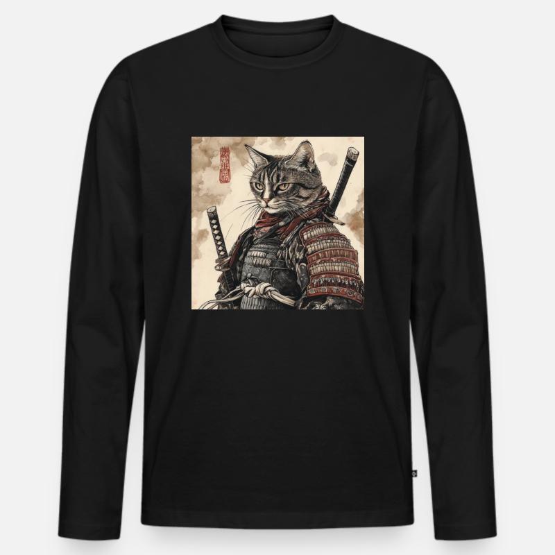 Katze Samurai Japan Ukiyo-E - Männer Premium Bio Langarmshirt - Schwarz