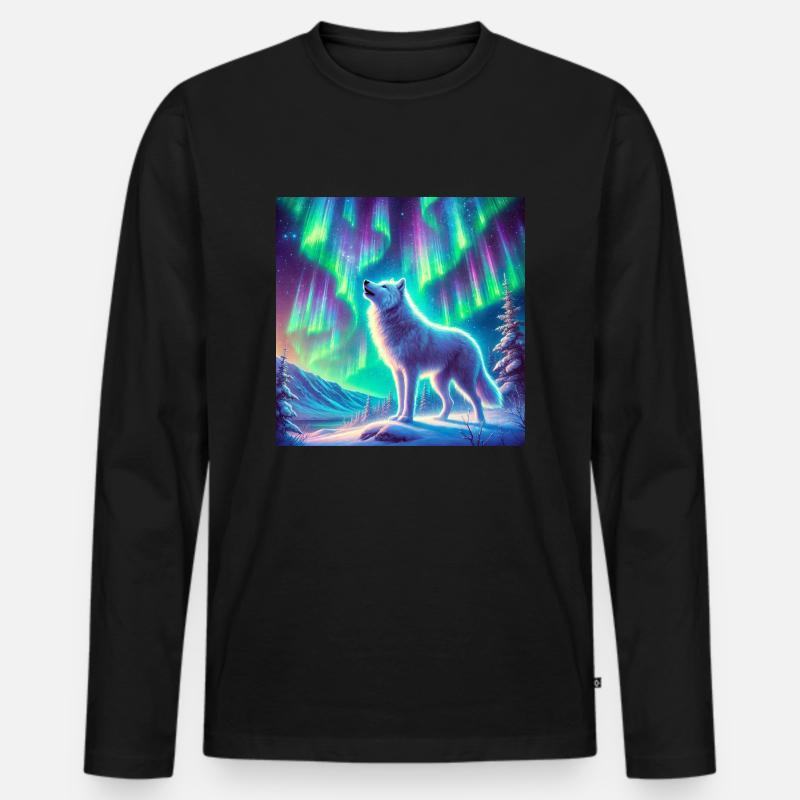 Wolf Aurora Borealis - Männer Premium Bio Langarmshirt - Schwarz