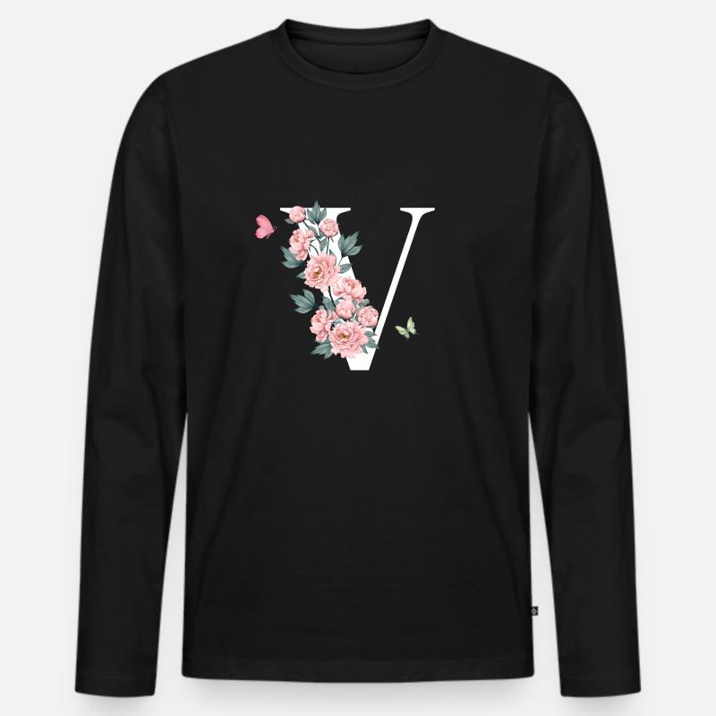 Buchstabe v rosa Blumen - Männer Premium Bio Langarmshirt - Schwarz