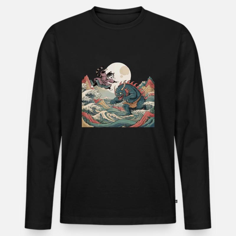 Samurai-Katze - Männer Premium Bio Langarmshirt - Schwarz