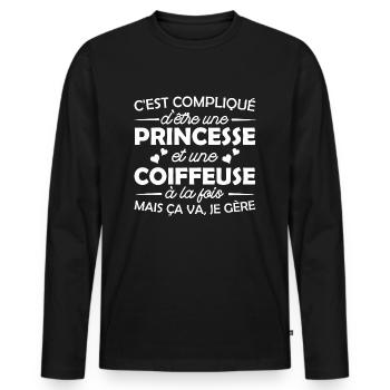 princesse et coiffeuse / humour coiffeuse - T-shirt manches longues Premium bio Homme - noir - Devant - Nico (187cm)
