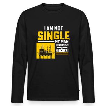 Je ne suis pas célibataire, mon homme travaille dans les attelages ! Champ pétrolifère - T-shirt manches longues Premium bio Homme - noir - Devant - Nico (187cm)