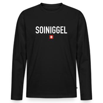Soiniggel | Schweiz, Sprichwort, Fondue, Skifahren - Männer Premium Bio Langarmshirt - Schwarz - Vorne - Nico (187cm)