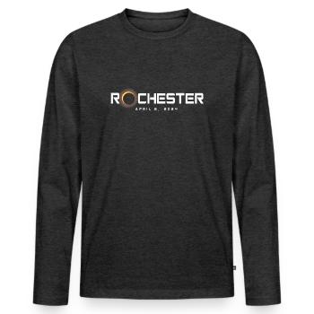 Rochester New York 2024 Eclipse Souvenir 8 avril - T-shirt manches longues Premium bio Homme - anthracite chiné - Devant - Nico (187cm)