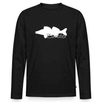 Pike-perch in white with grey lettering - Men's Premium Organic Long Sleeve Shirt - black - Front - Nico (187cm)