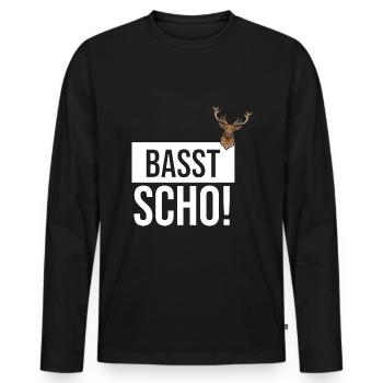 Basst Scho | Trachten Hirsch - Männer Premium Bio Langarmshirt - Schwarz - Vorne - Nico (187cm)