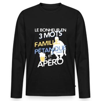 Famille, pétanque et apéro - T-shirt manches longues Premium bio Homme - noir - Devant - Nico (187cm)