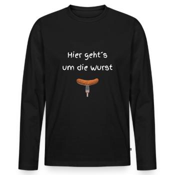 Hier gehts um die Wurst weiss - Männer Premium Bio Langarmshirt - Schwarz - Vorne - Nico (187cm)