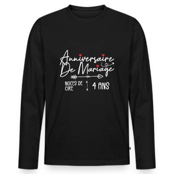 Anniversaire de mariage 4ans - Noce de Cire 4 ans - T-shirt manches longues Premium bio Homme - noir - Devant - Nico (187cm)
