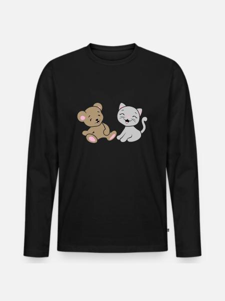 Bébé ours souriant et chaton - T-shirt manches longues Premium bio Homme - noir