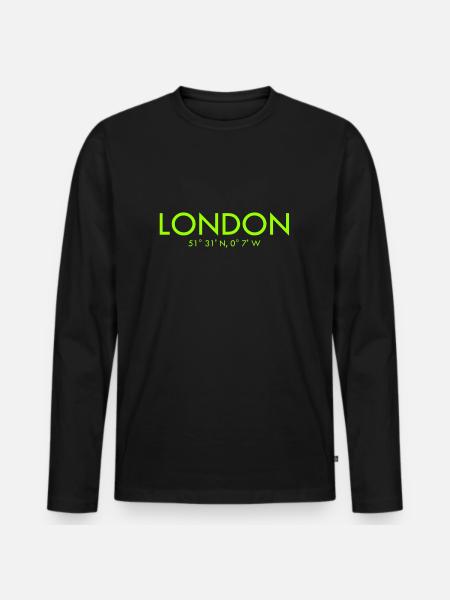 London - Coordinates - Latitude - Longitude - GB - Men's Premium Organic Long Sleeve Shirt - black