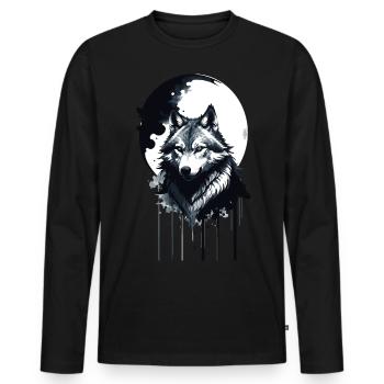 Loup, Lune, Paysage, Encre, Peinture - T-shirt manches longues Premium bio Homme - noir - Devant - Nico (187cm)