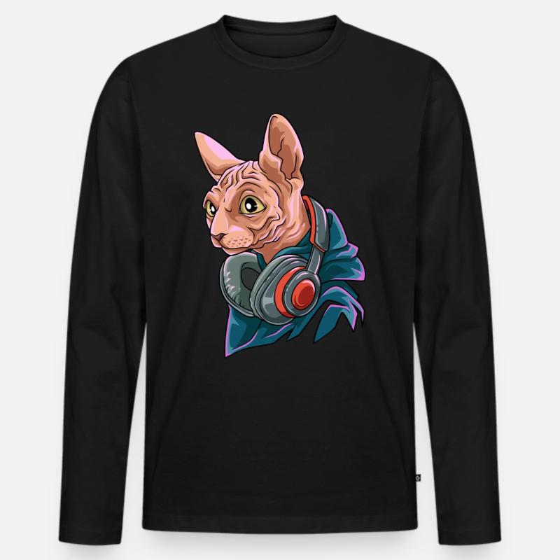 Coole Nacktkatze mit Kopfhörer - Männer Premium Bio Langarmshirt - Schwarz