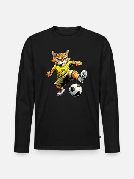 Katze Fussball - Männer Premium Bio Langarmshirt - Schwarz