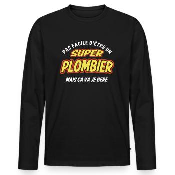 Super plombier , je gère - T-shirt manches longues Premium bio Homme - noir - Devant - Nico (187cm)
