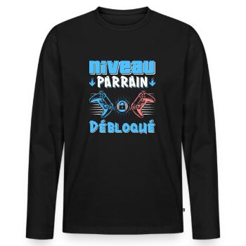 Niveau Parrain Débloqué Gamer Annonce Grossesse - T-shirt manches longues Premium bio Homme - noir - Devant - Nico (187cm)