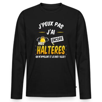 Musculation haltères muscu cadeau humour - T-shirt manches longues Premium bio Homme - noir - Devant - Nico (187cm)