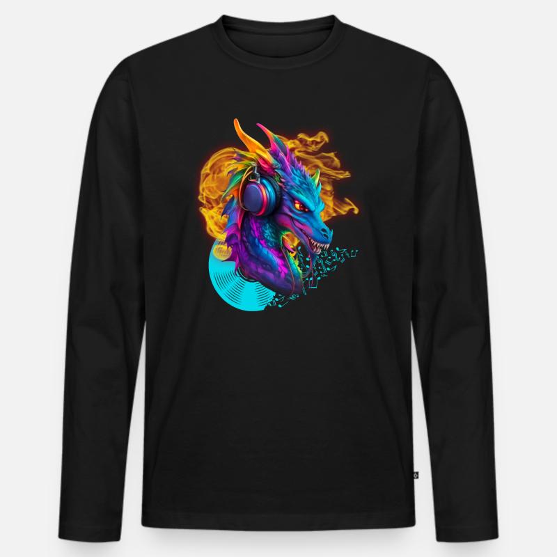 DJ-Drache mit Kopfhörerfeuer-Schallplattennotizen - Männer Premium Bio Langarmshirt - Schwarz