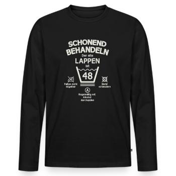 Der Alte Lappen, Schonend Behandeln 48. Geburtstag - Männer Premium Bio Langarmshirt - Schwarz - Vorne - Nico (187cm)