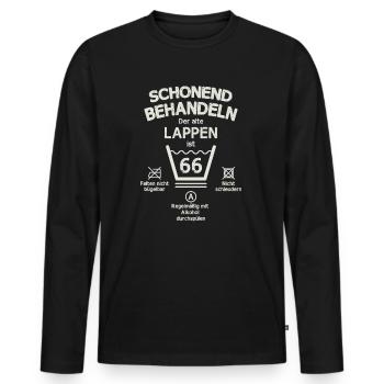 Der Alte Lappen, Schonend Behandeln 66. Geburtstag - Männer Premium Bio Langarmshirt - Schwarz - Vorne - Nico (187cm)