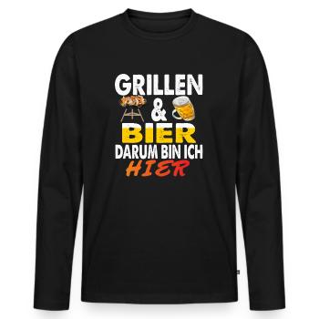 Grillen und Bier Darum bin ich hier Grillsaison - Männer Premium Bio Langarmshirt - Schwarz - Vorne - Nico (187cm)