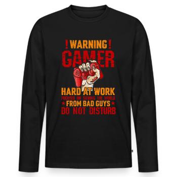 Warning! Gamer hard at work focused on saving t... - Männer Premium Bio Langarmshirt - Schwarz - Vorne - Nico (187cm)