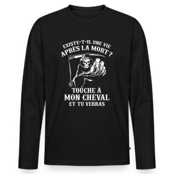 T-shirt équitation - Touche à mon Cheval - T-shirt manches longues Premium bio Homme - noir - Devant - Nico (187cm)