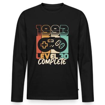 30e anniversaire né en 1993 Niveau 30 Complet - T-shirt manches longues Premium bio Homme - noir - Devant - Nico (187cm)