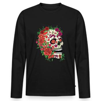 Mexiko Mexikanisches Blumenskelett Muertos Tag der Toten - Männer Premium Bio Langarmshirt - Schwarz - Vorne - Nico (187cm)