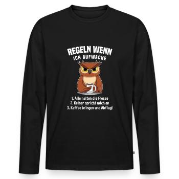 Eule Morgenmuffel Kaffee Regeln Wenn Ich Aufwache - Männer Premium Bio Langarmshirt - Schwarz - Vorne - Nico (187cm)