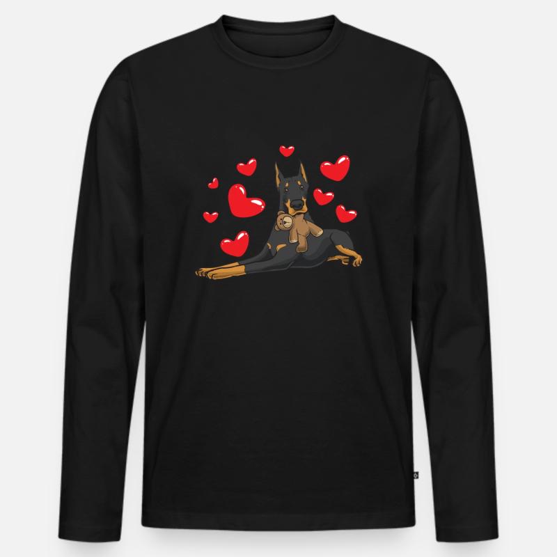 Dobermann mit Kuscheltier - Männer Premium Bio Langarmshirt - Schwarz