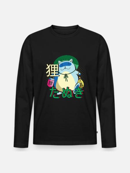 Chat anime Tanuki Yokai - T-shirt manches longues Premium bio Homme - noir