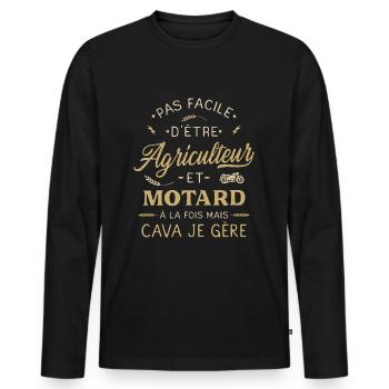 agriculteur motard humour moto agricole biker papy - T-shirt manches longues Premium bio Homme - noir - Devant - Nico (187cm)