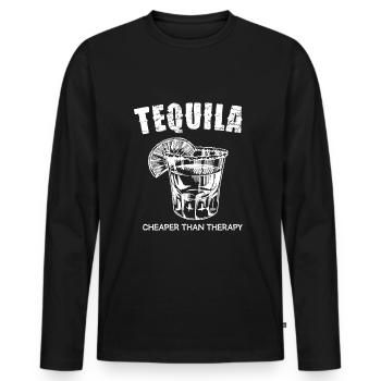 Tequila Günstiger Als Therapie Spruch - Männer Premium Bio Langarmshirt - Schwarz - Vorne - Nico (187cm)