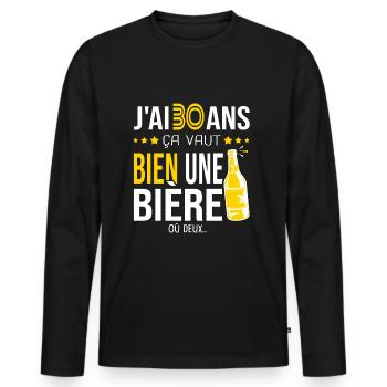 Cadeau d anniversaire 30 ans j ai 30 ans et bière - T-shirt manches longues Premium bio Homme - noir - Devant - Nico (187cm)
