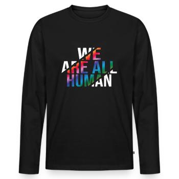 We Are All Human Regenbogen Pride CSD - Männer Premium Bio Langarmshirt - Schwarz - Vorne - Nico (187cm)
