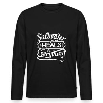 lustige Sprüche Saltwater heals everything - Männer Premium Bio Langarmshirt - Schwarz - Vorne - Nico (187cm)