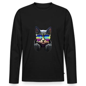 Katze mit Kopfhörer und cooler Sonnen Brille - Männer Premium Bio Langarmshirt - Schwarz - Vorne - Nico (187cm)