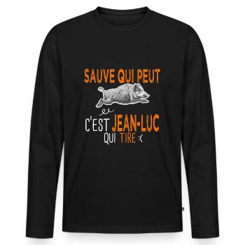 Jean luc c est Jean luc qui tire Humour Chasseur - T-shirt manches longues Premium bio Homme - noir - Devant - Nico (187cm)