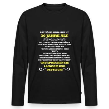 30 years old - Men's Premium Organic Long Sleeve Shirt - black - Front - Nico (187cm)